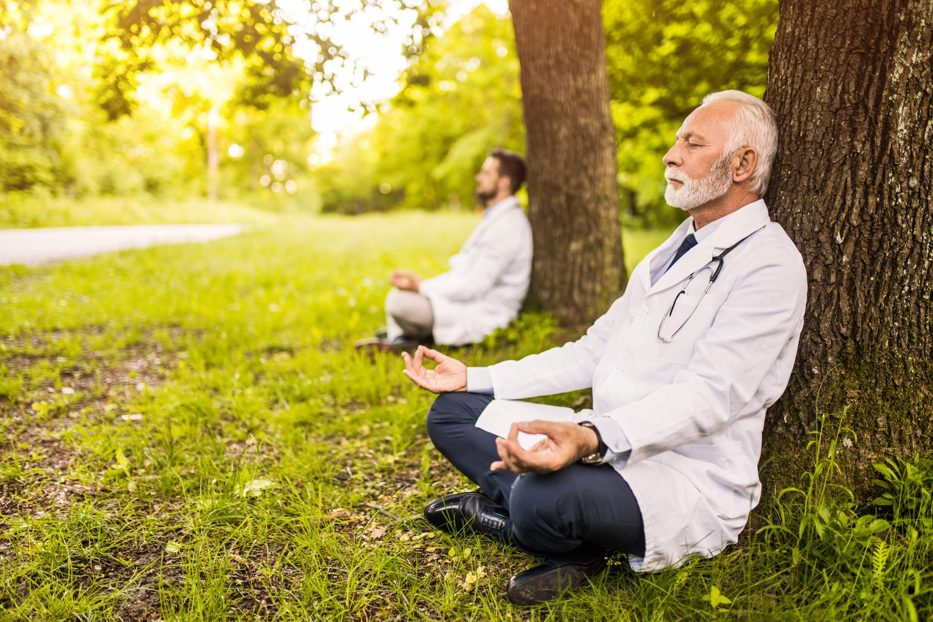 Two doctors meditating in nature.